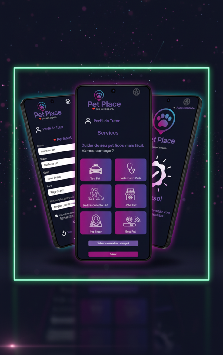 Composição de telas do protótipo do app Pet Place feito no Figma