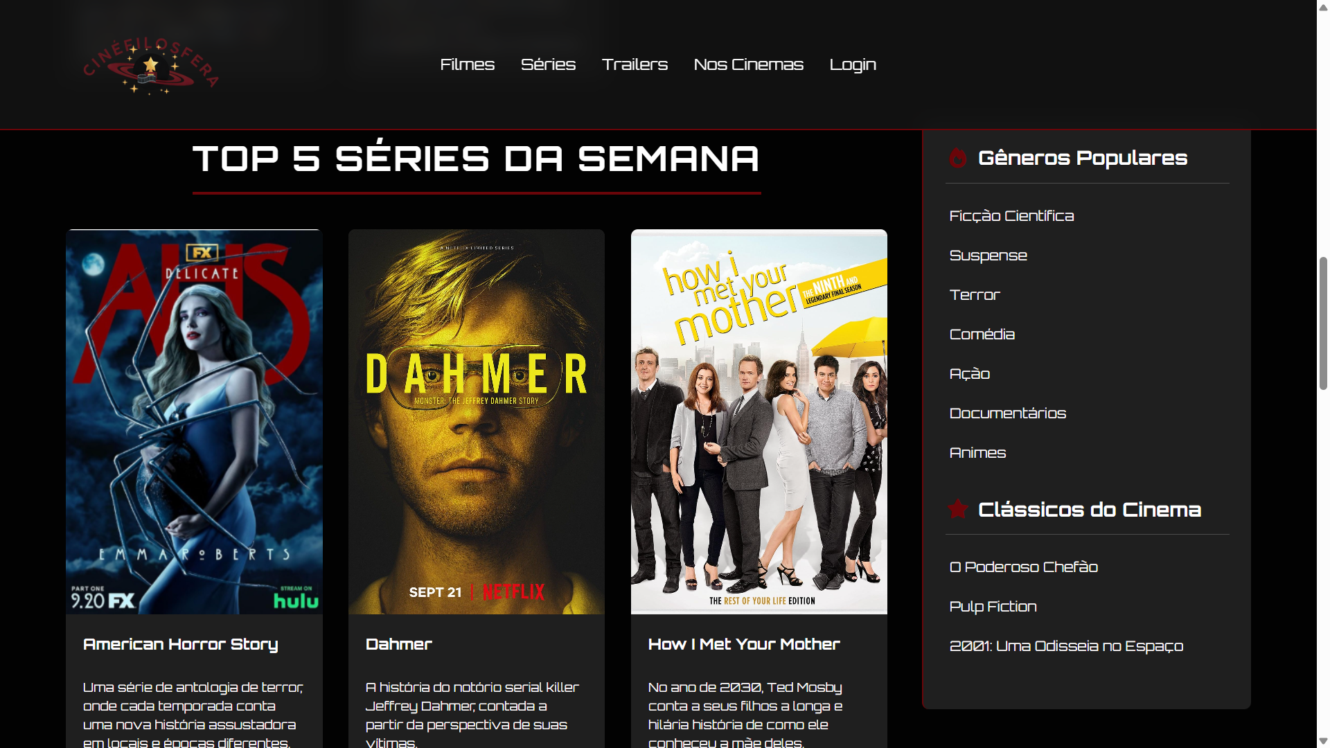 Outra tela do projeto Cinefilosfera