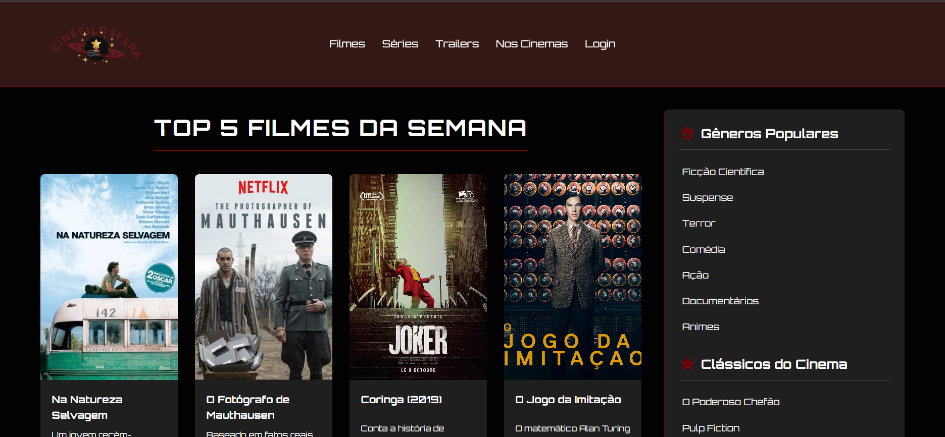 Screenshot do projeto Cinefilosfera mostrando o Top 5 Filmes